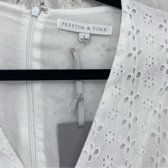 Preston & York Size 6 White Dress Eyelet Rayon Midi Dress Flutter Sleeve Belted - Picture 10 of 11